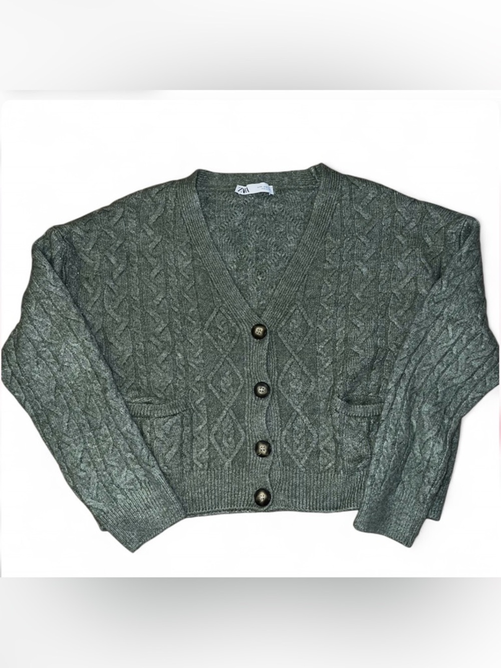 Zara Muted Green Cable-Knit V-Neck Cardigan Sweater